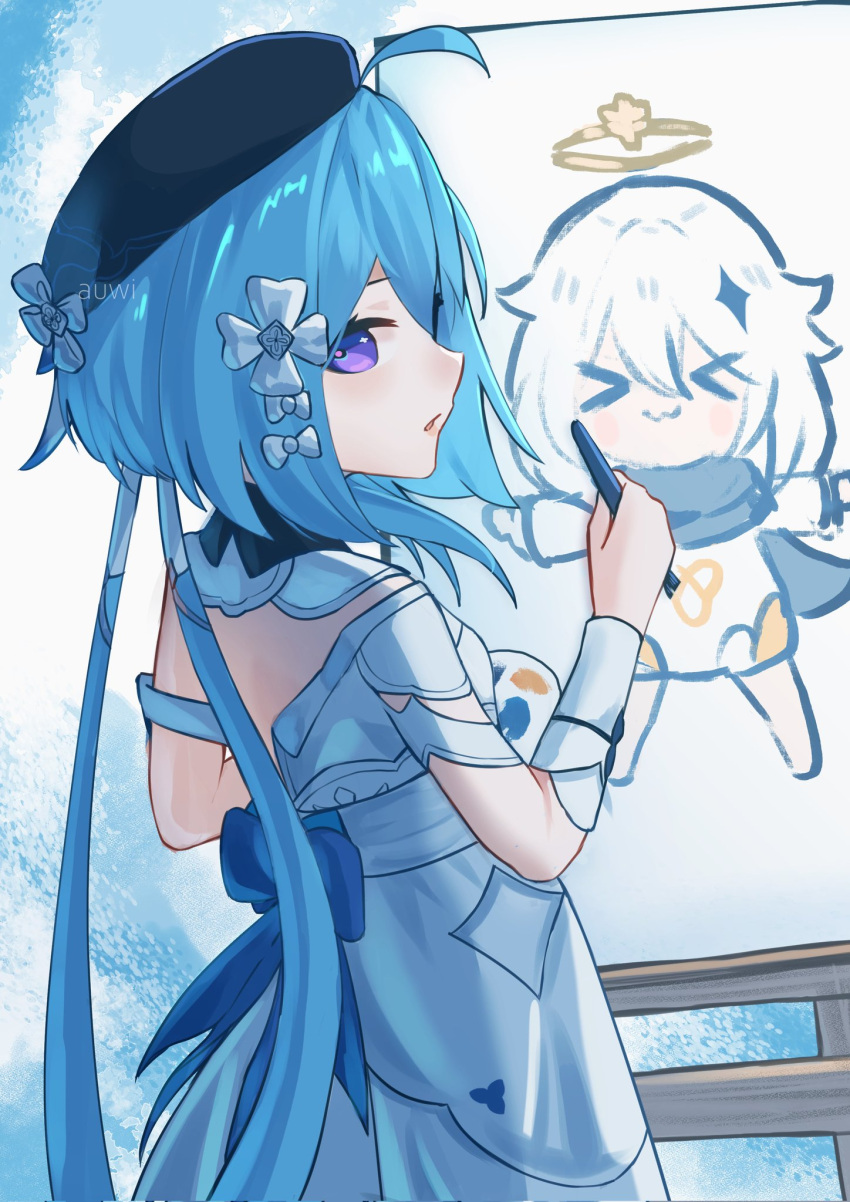 1girl ahoge artist_name auwi bangs beret black_headwear blue_hair canvas_(object) commentary_request dress easel eyebrows_hidden_by_hair from_behind genshin_impact griseo hair_between_eyes hat highres holding holding_brush holding_palette honkai_(series) honkai_impact_3rd long_hair looking_at_viewer looking_back mihoyo paimon_(genshin_impact) palette_(object) parted_lips purple_eyes signature very_long_hair white_dress