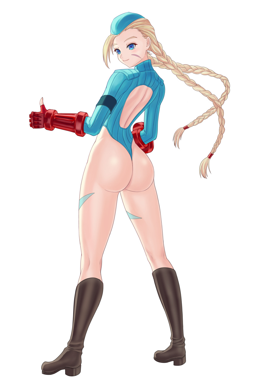1girl absurdres ahoge artist_request ass back_cutout bangs blonde_hair blue_eyes blue_leotard blush boots braid cammy_white closed_mouth clothing_cutout commentary_request fingerless_gloves fingernails from_behind full_body garrison_cap gloves hat highleg highleg_leotard highres knee_boots leotard long_hair long_sleeves ribbed_leotard scar scar_on_cheek scar_on_face shadaloo_dolls shiny shiny_skin simple_background smile solo standing street_fighter street_fighter_zero_(series) thighs thumbs_up twin_braids twintails white_background