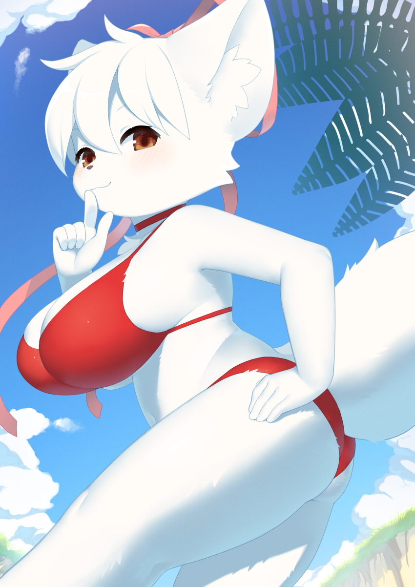 2022 5_fingers 848siba absurd_res anthro big_breasts bikini blush breasts brown_eyes butt clothed clothing cloud day felid feline female fingers fur hair hand_on_hip hi_res kemono looking_at_viewer low-angle_view mammal outside sky solo swimwear white_body white_fur white_hair