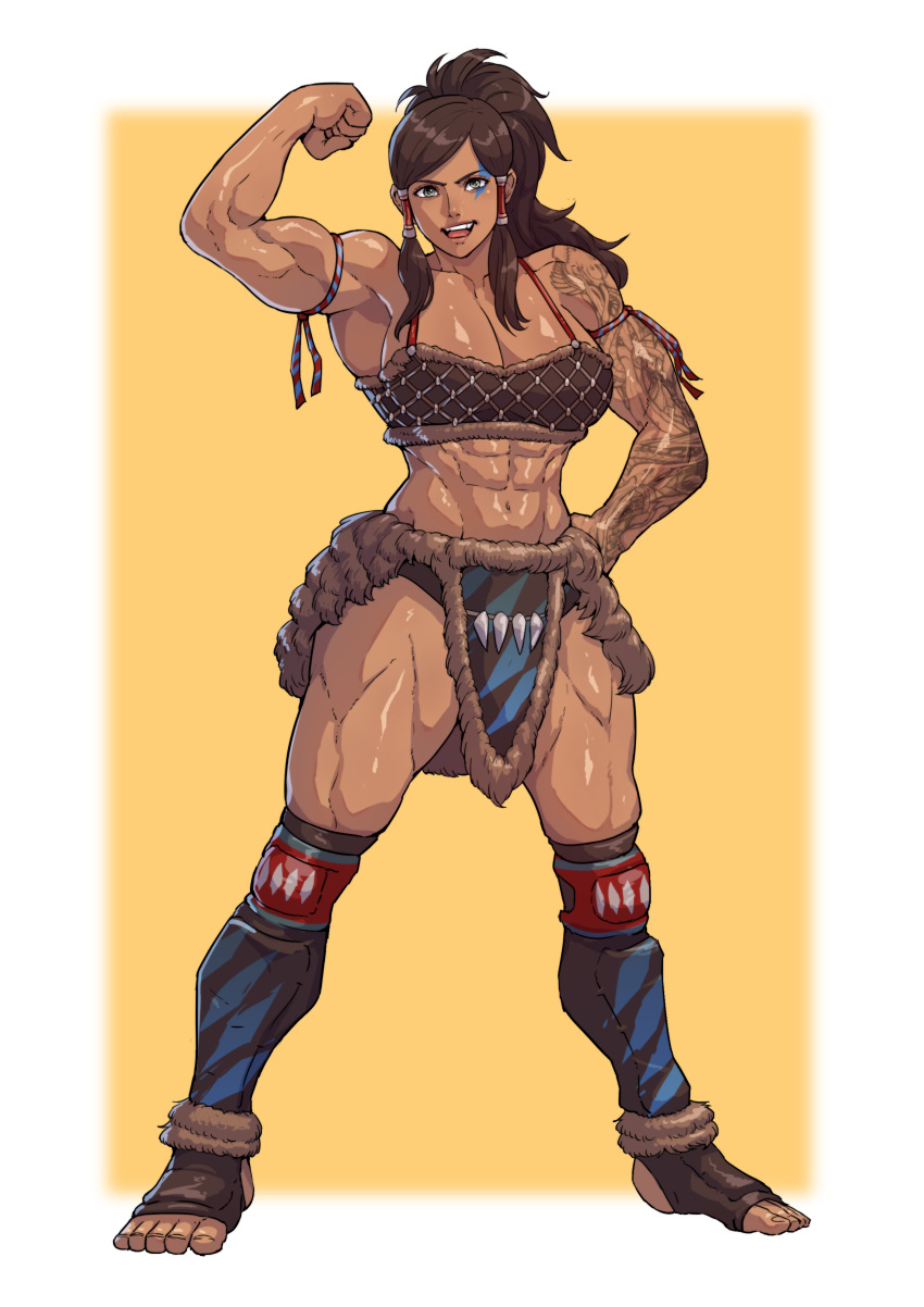 1girl abs absurdres alternate_universe armor avatar_(series) bangs biceps breasts brown_hair cirenk commission dark-skinned_female dark_skin flexing fur_trim greaves green_eyes hand_on_hip highres korra large_breasts long_bangs long_hair looking_at_viewer muscular muscular_female pose solo tattoo tattoo_sleve the_legend_of_korra