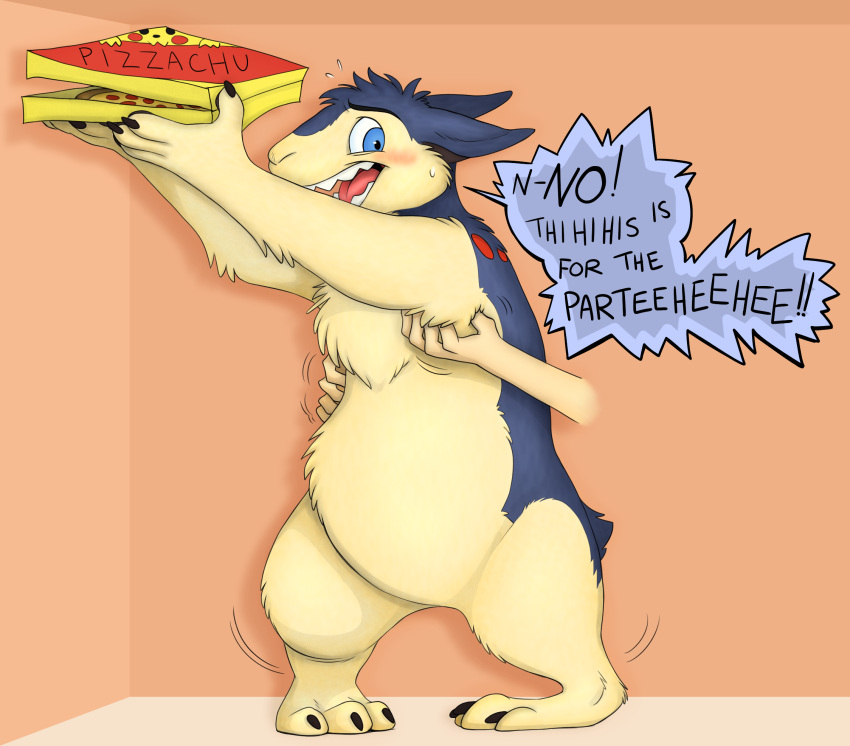 3_toes black_pawpads blue_eyes blush bodily_fluids claws dialogue disembodied_hand ears_back feet feral food fur hands_over_head hi_res holding_object human laugh looking_at_another male mammal mike_(mrmellow) nintendo open_mouth open_smile pawpads phantastus pivoted_ears pizza pizza_box pok&eacute;mon pok&eacute;mon_(species) shaking_legs slightly_chubby smile solo speech_bubble sweat sweatdrop teeth_showing tickling tickling_armpits tickling_sides toes typhlosion video_games