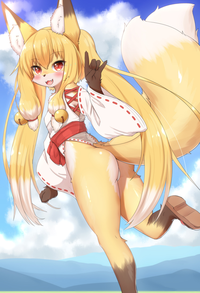 2022 2_tails 5_fingers anthro asian_clothing blonde_hair blush breasts brown_body brown_fur butt canid canine claws clothed clothing cloud countershading cute_fangs day dipstick_ears dipstick_tail east_asian_clothing female female_anthro finger_claws fingers fluffy footwear fox fox_shadow_puppet fur gesture gloves_(marking) hair happy hi_res high_cut_miko_outfit horokusa0519 inner_ear_fluff japanese_clothing kemono leg_markings long_hair looking_at_viewer looking_back looking_back_at_viewer low-angle_view mammal markings miko_outfit multi_tail multicolored_body multicolored_ears multicolored_fur multicolored_hair multicolored_tail open_mouth open_smile outside red_eyes shrine sky small_breasts smile socks_(marking) solo tail_markings tuft twin_tail_nojaloli_fox white_body white_fur white_hair yellow_body yellow_fur zōri