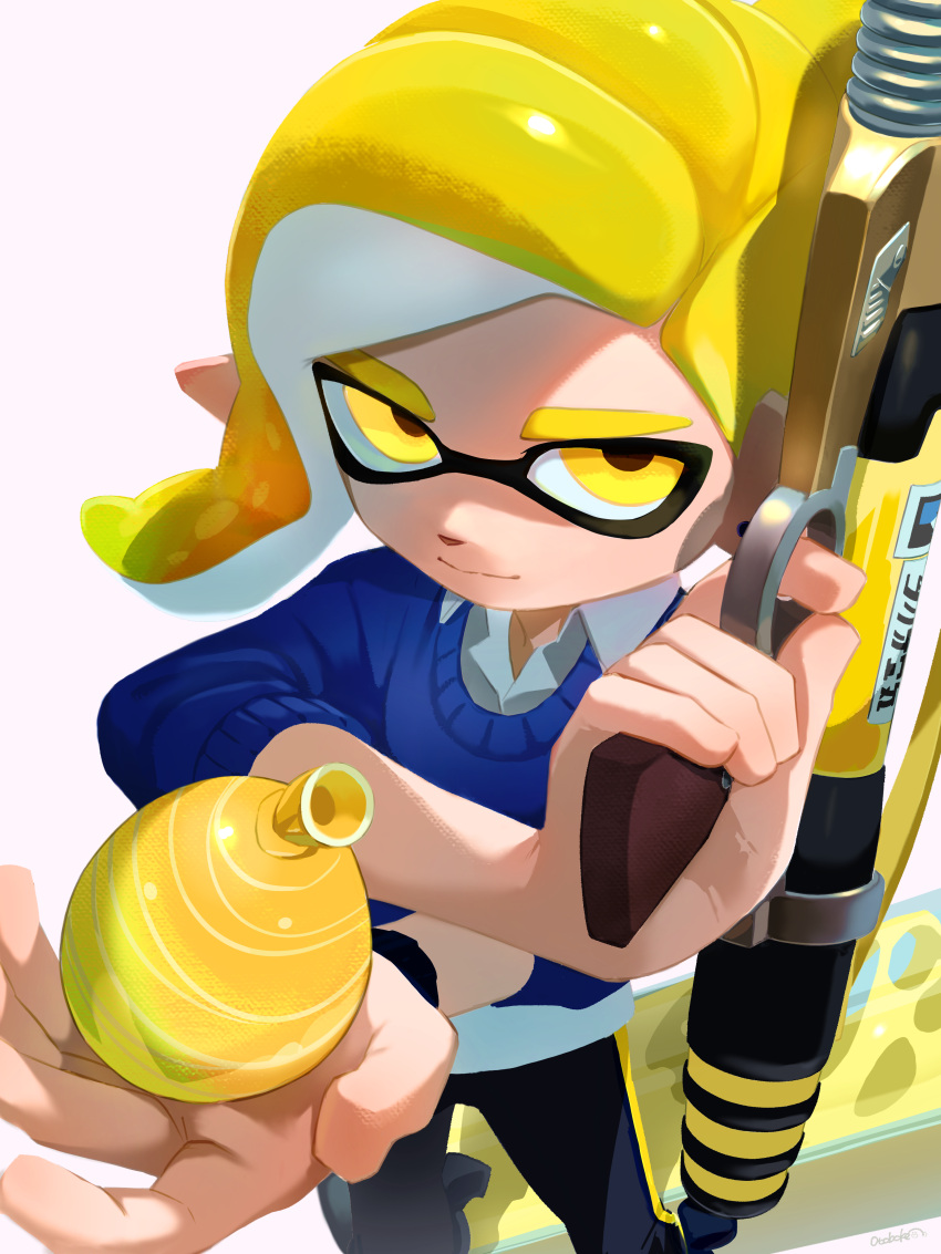 1girl absurdres black_pants blonde_hair blue_sweater_vest close-up collared_shirt from_above gun highres holding holding_gun holding_weapon ink_tank_(splatoon) inkling looking_at_viewer looking_up otoboke-san pants rifle shirt simple_background sleeves_rolled_up solo splash-o-matic_(splatoon) splatoon_(series) splatoon_2 standing sweater_vest water_balloon weapon white_background white_shirt yellow_eyes