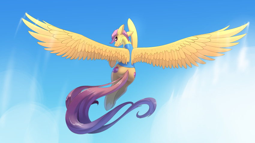 absurd_res big_wings equid equine feathered_wings feathers female flying friendship_is_magic hair hi_res long_tail mammal my_little_pony pegasus purple_hair scootaloo_(mlp) sky solo underpable wings wonderbolts_uniform