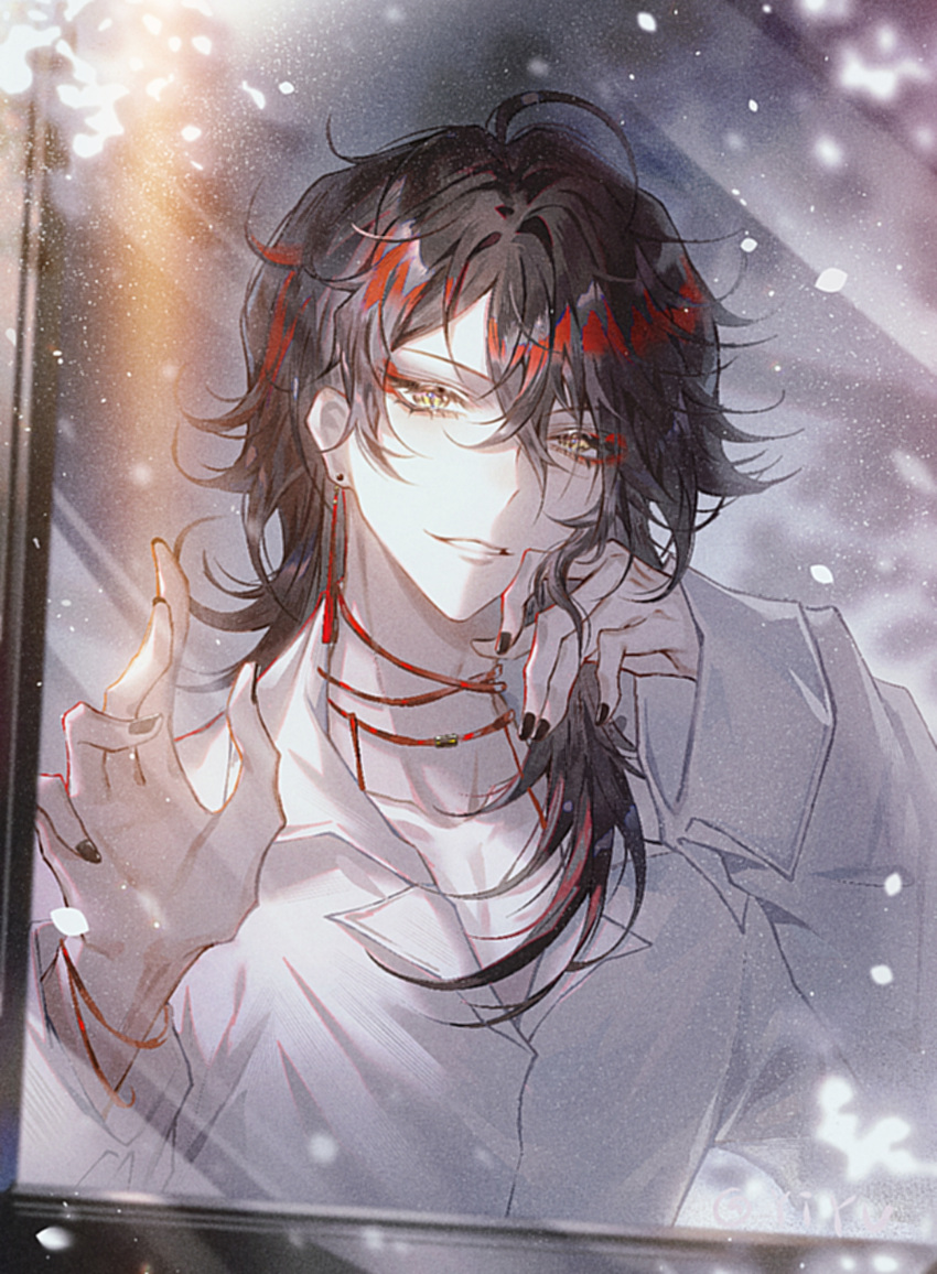 1boy absurdres bishounen black_hair black_nails collared_shirt falling_petals film_grain highres male_focus multicolored_hair nijisanji nijisanji_en petals red_hair shirt snowing solo string_choker virtual_youtuber vox_akuma yellow_eyes zhumojian