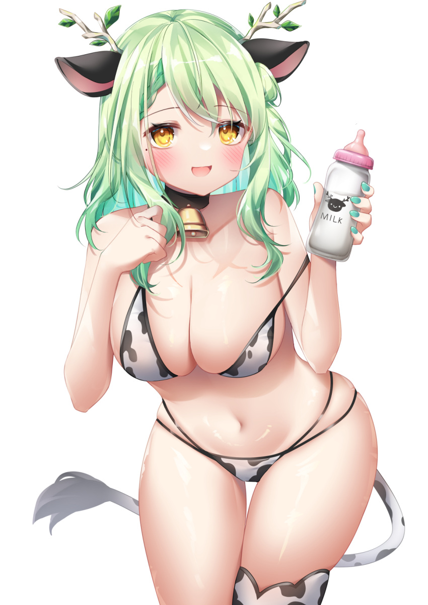 1girl :d animal_ears animal_print antlers aqua_nails baby_bottle bikini blush bottle branch breasts ceres_fauna cow_ears cow_print cow_tail green_hair hands_up highres holding holding_bottle hololive hololive_english large_breasts leaf leaning_forward long_hair looking_at_viewer milk milk_bottle mole mole_under_mouth navel no_nose pointy_breasts print_bikini print_legwear simple_background single_thighhigh skindentation smile solo stomach strap_slip swimsuit tail thigh_gap thighhighs thighs umou_(may65879) virtual_youtuber wavy_hair white_background yellow_eyes