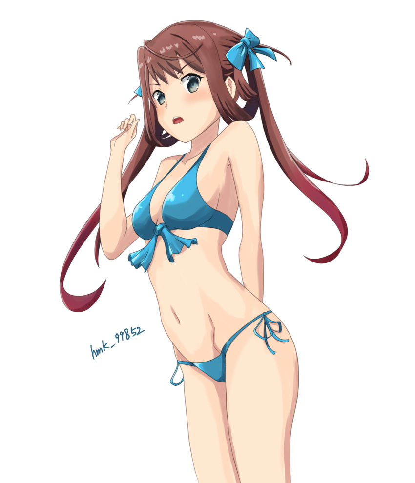 1girl asagumo_(kancolle) blue_swimsuit breasts brown_hair chuchu_tako commentary_request cowboy_shot grey_eyes hair_ribbon highres kantai_collection long_hair looking_at_viewer one-hour_drawing_challenge ribbon small_breasts solo standing swimsuit twintails twitter_username