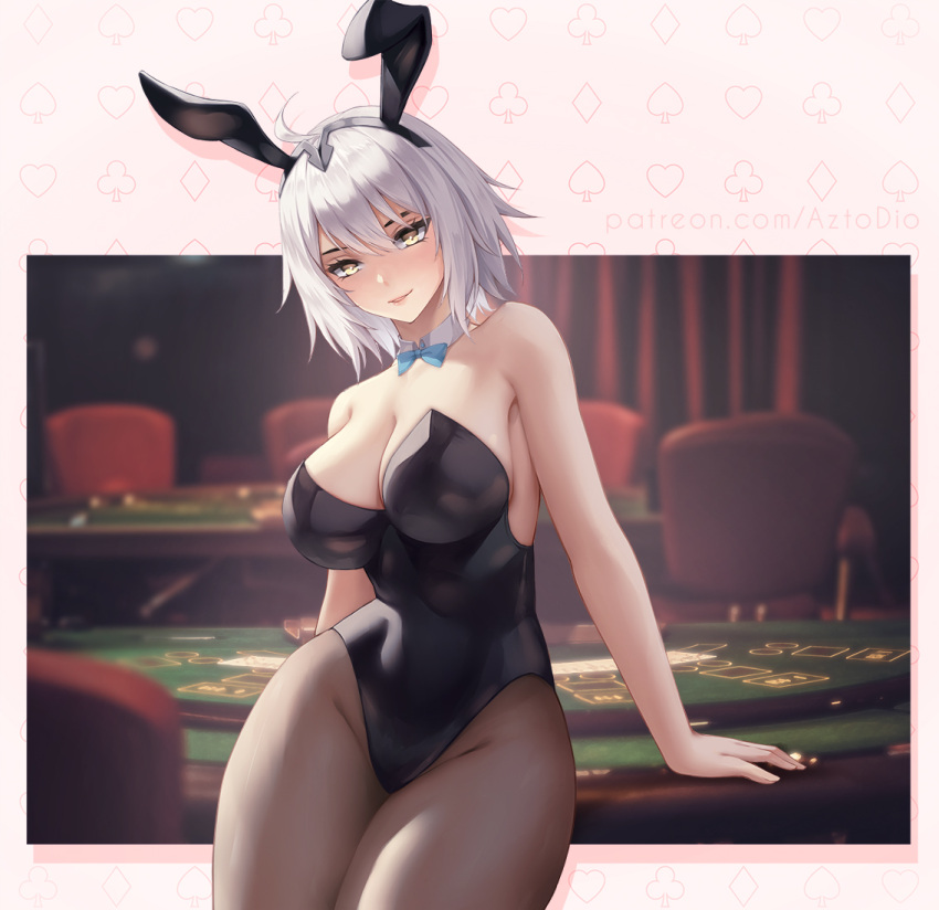 1girl alternate_costume animal_ears aztodio bangs bare_arms bare_shoulders black_hairband black_leotard black_pantyhose blue_bow blue_bowtie bow bowtie breasts cleavage closed_mouth commentary cowboy_shot detached_collar duplicate english_commentary fake_animal_ears fate/grand_order fate_(series) grey_hair hairband jeanne_d'arc_alter_(fate) large_breasts leotard looking_at_viewer pantyhose pixel-perfect_duplicate poker_table rabbit_ears short_hair smile solo thighs yellow_eyes