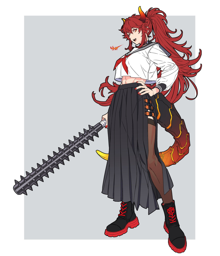 1girl boots club_(weapon) dola_(nijisanji) dragon_girl dragon_horns dragon_tail hand_on_hip high_ponytail highres horns long_hair long_skirt midriff_peek nail_polish nijisanji open_mouth red_eyes red_hair school_uniform serafuku side_slit skirt solo spiked_club tail tenobe virtual_youtuber weapon