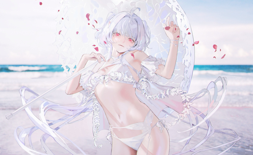 1girl absurdres ahoge bangs bare_shoulders beach bikini breasts cleavage closed_mouth collarbone commentary_request expressionless falling_petals fate/grand_order fate/prototype fate_(series) feet_out_of_frame flower frilled_bikini frilled_swimsuit frills highres holding holding_umbrella long_hair looking_at_viewer medium_breasts merlin_(fate/prototype) merlin_(fate/prototype)_(swimsuit_pretender) merlin_(fate/prototype)_(swimsuit_pretender)_(second_ascension) navel official_alternate_costume parai0 parasol petals red_eyes red_flower sky solo swimsuit thighs umbrella very_long_hair white_bikini white_hair white_swimsuit white_umbrella