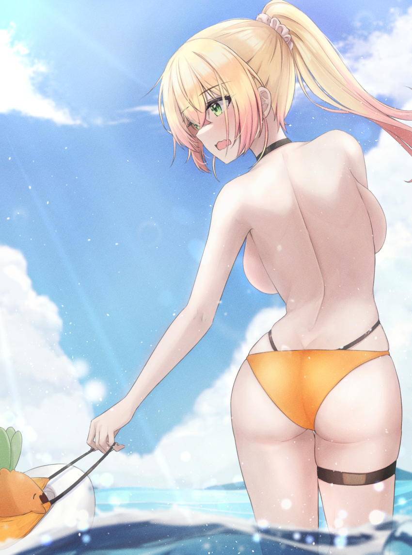 1girl absurdres ass backboob bangs bare_back bikini bikini_bottom_only bikini_top_removed blonde_hair blush breasts choker cloud gradient_hair green_eyes hair_between_eyes hair_ornament highres hololive large_breasts long_hair mofu07519 momosuzu_nene multicolored_hair nekko_(momosuzu_nene) open_mouth pink_hair ponytail scrunchie sideboob sky solo summer swimsuit thigh_strap thighs topless virtual_youtuber wading