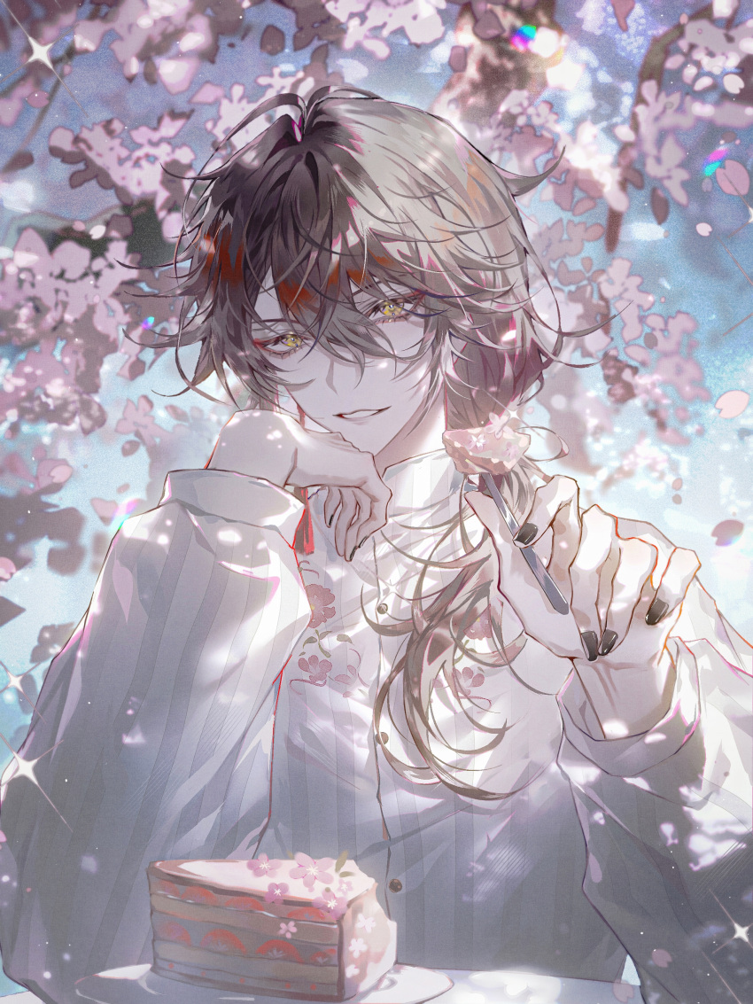 1boy absurdres alternate_costume bishounen black_hair black_nails cake cake_slice cherry_blossoms diffraction_spikes falling_petals food hand_on_own_chin highres lens_flare long_sleeves looking_at_viewer low_ponytail male_focus multicolored_hair nijisanji nijisanji_en outstretched_hand petals reaching_out red_eyeliner red_hair side_ponytail smile solo sparkle virtual_youtuber vox_akuma yellow_eyes zhumojian