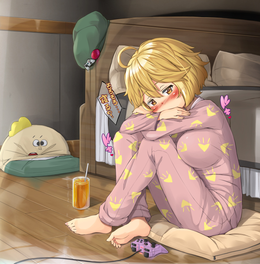 1girl absurdres ahoge barefoot bed blonde_hair blush brown_eyes commentary_request controller crossed_ankles crossed_arms cushion drink dualshock eikiri_eimu feet game_console game_controller gamepad glass hat highres junk_gaming_maiden kitsunerider long_sleeves mole mole_under_eye multicolored_clothes multicolored_pajamas on_floor pajamas pants pillow playstation_3 playstation_controller print_pajamas revision short_hair sitting soles solo toes wooden_floor xbox_360