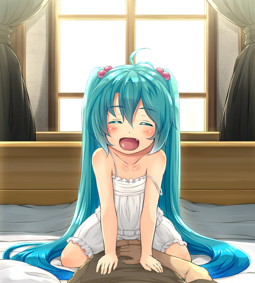 1boy 1girl :d ^_^ ahoge aqua_eyes aqua_hair bloomers blush camisole closed_eyes commentary_request curtains fang hair_bobbles hair_ornament hatsune_miku highres kitsunerider long_hair open_mouth pov revision smile solo_focus straddling strap_slip twintails underwear very_long_hair vocaloid window younger