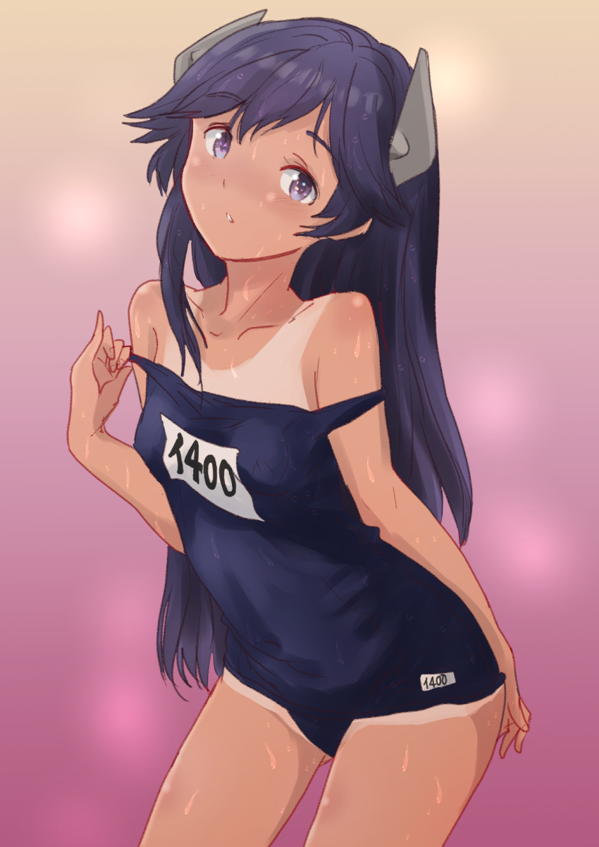 black_hair blue_swimsuit character_name cowboy_shot flat_chest fuji_(pixiv24804665) gradient gradient_background headgear highres i-400_(kancolle) kantai_collection long_hair looking_at_viewer name_tag one-piece_tan pink_background purple_eyes school_swimsuit steaming_body swimsuit tan tanlines