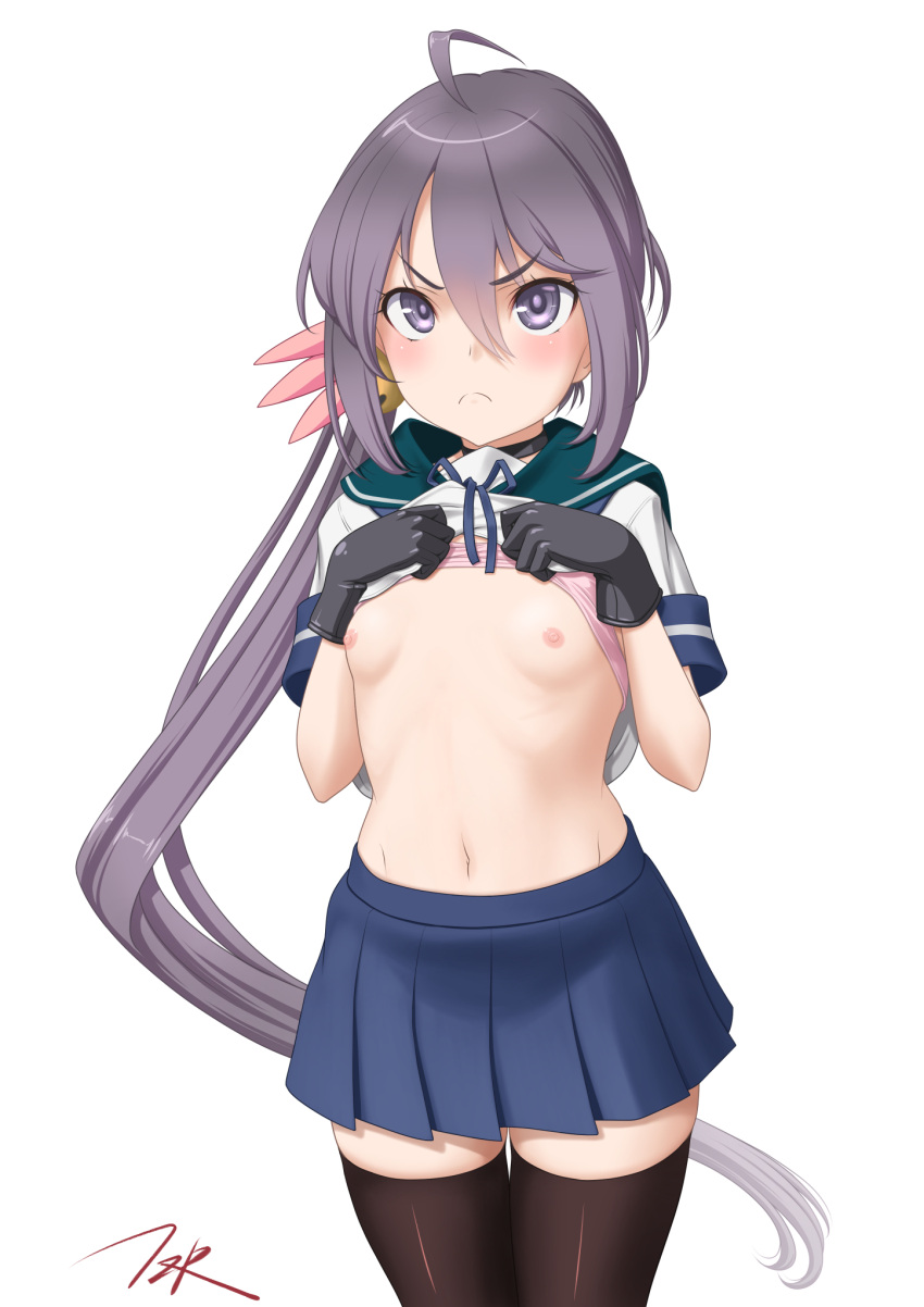 1girl akebono_(kancolle) akebono_kai_ni_(kancolle) artist_name bell black_choker black_gloves blue_skirt bow bow_bra bra bra_lift choker clothes_lift flower gloves hair_bell hair_flower hair_ornament highres jingle_bell kantai_collection long_hair looking_at_viewer navel nipples pink_bra pleated_skirt purple_eyes purple_hair school_uniform serafuku shirt_lift short_sleeves side_ponytail simple_background skirt solo t2r thighhighs training_bra underwear very_long_hair white_background