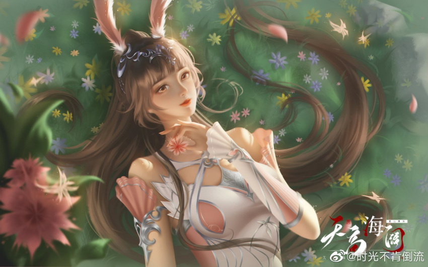 1girl animal_ears armband breasts brown_hair douluo_dalu dress flower frilled_armband frills from_above gleam grass hair_ornament highres light_particles lying medium_breasts on_back pinching pink_dress ponytail rabbit_ears rock shiguang_bu_ken_daoliu shiny shiny_hair solo xiao_wu_(douluo_dalu)