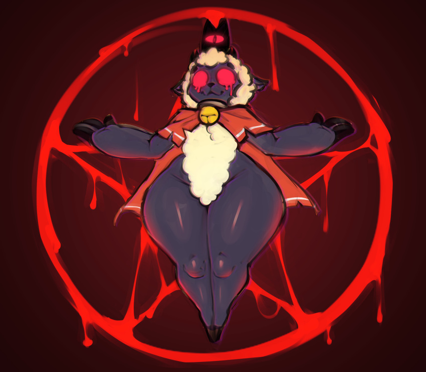 ambiguous_gender anthro bell bell_collar bovid cape caprine clothing collar crown cult_of_the_lamb fur glowing glowing_eyes hi_res horn huge_thighs lamb_(cult_of_the_lamb) mammal pentagram red_eyes sheep simple_background smile solo thick_thighs video_games white_body white_fur wool_(fur)