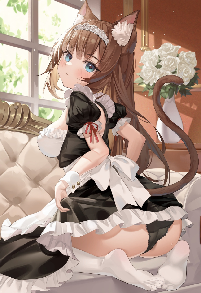 1girl animal_ear_fluff animal_ears apron ass bangs black_dress black_panties blunt_bangs blush breasts cat_ears cat_girl cat_tail closed_mouth clothes_lift couch cropped day dress dress_lift flower frilled_apron frills from_behind highres indoors lace-trimmed_panties lace_trim leaf lifted_by_self long_hair looking_at_viewer maid maid_apron maid_headdress melonbooks on_couch original panties plant potted_plant puffy_short_sleeves puffy_sleeves rose sg_(satoumogumogu) short_hair short_sleeves sidelocks sitting soles solo tail tail_raised thighhighs thighs toes underwear very_long_hair waist_apron wariza white_apron white_flower white_rose window wrist_cuffs