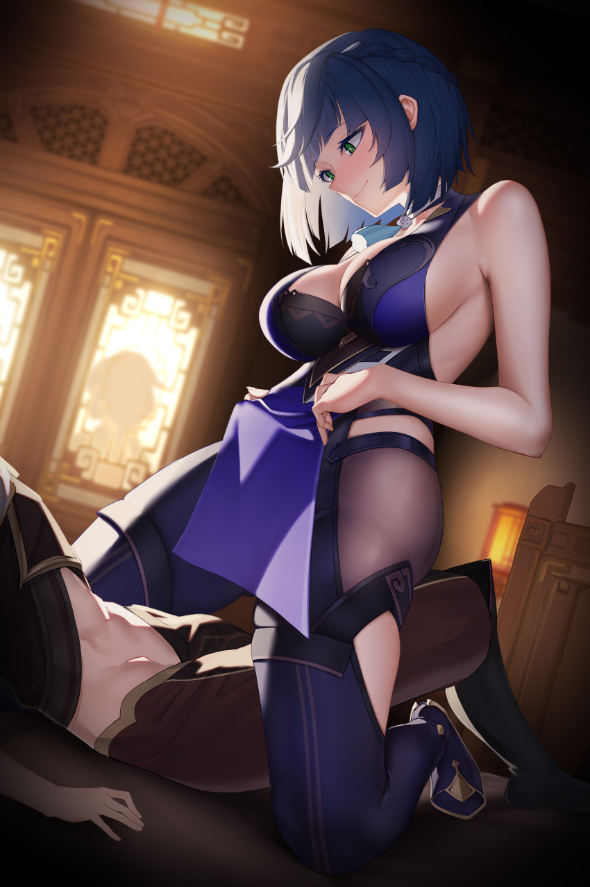 1boy 1girl absurdres aether_(genshin_impact) bangs bare_shoulders black_footwear black_hair black_pants blue_dress blue_hair blush bob_cut boots breasts brown_pants brown_shirt cleavage cleavage_cutout clothing_cutout crop_top diagonal_bangs dice dress genshin_impact girl_on_top green_eyes highres jewelry knee_boots kneeling large_breasts midriff mole mole_on_breast multicolored_hair navel neck_ring pants pelvic_curtain shirt short_hair sideboob smile tassel terebi_(shimizu1996) thighs tight tight_pants two-tone_hair yelan_(genshin_impact)