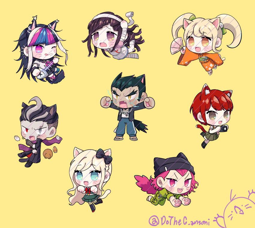 3boys 5girls :d :q absurdres animal animal_ears apron artist_name bandaged_arm bandages bandaid bandaid_on_knee bandaid_on_leg bangs black_hair black_headwear black_skirt blonde_hair blue_hair blush blush_stickers bow bowtie camera cat-tail cat_boy cat_ears cat_girl cat_hair_ornament cham-p danganronpa_(series) danganronpa_2:_goodbye_despair dudeoji_(dotheg_ansoni) ear_piercing earrings facial_mark fang fish green_bow green_thighhighs grey_eyes grey_hair hair_bow hair_ornament hamster heterochromia highres holding holding_camera jacket japanese_clothes jewelry jum-p jumpsuit kemonomimi_mode kimono koizumi_mahiru long_hair long_sleeves looking_at_viewer maga-g medium_hair mioda_ibuki multicolored_hair multiple_boys multiple_girls necktie nidai_nekomaru one_eye_closed open_clothes open_jacket open_mouth orange_eyes pants piercing pink_hair pink_shirt pink_thighhighs red_bow red_bowtie red_eyes red_hair saionji_hiyoko shiny shiny_hair shirt short_hair short_sleeves simple_background skirt smile sonia_nevermind souda_kazuichi sun-d tanaka_gandamu thighhighs tongue tongue_out torn_thighhighs tsumiki_mikan twintails two-tone_hair whisker_markings