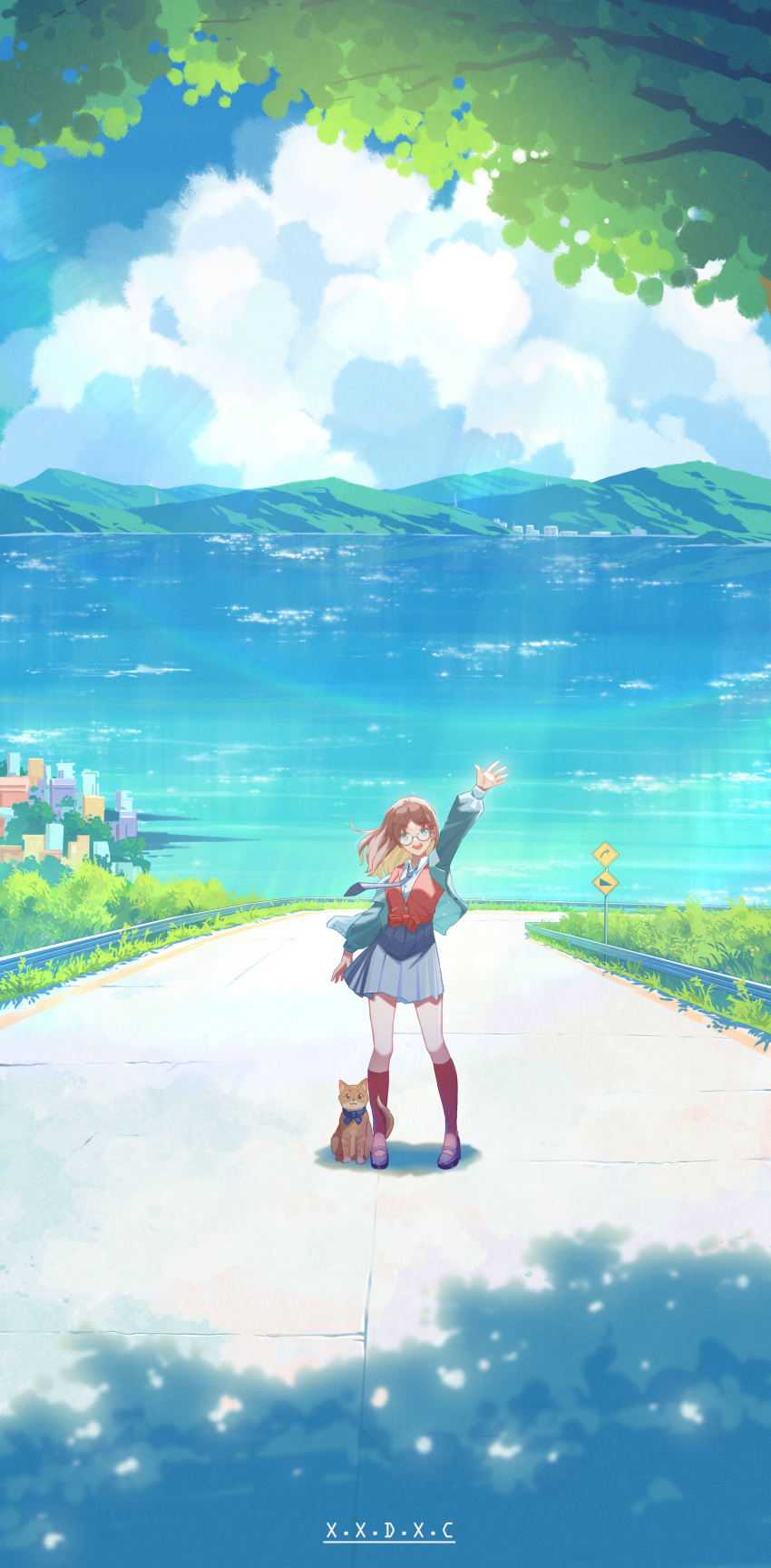 1girl absurdres arm_up artist_name blue_skirt brown_hair cat cloud cloudy_sky commentary_request day green_jacket guard_rail highres jacket kneehighs long_hair long_sleeves mountain ocean open_clothes open_jacket original outdoors red_socks red_vest road road_sign scenery shadow shirt sign skirt sky socks solo standing vest watermark waving white_shirt wide_shot x.x.d.x.c