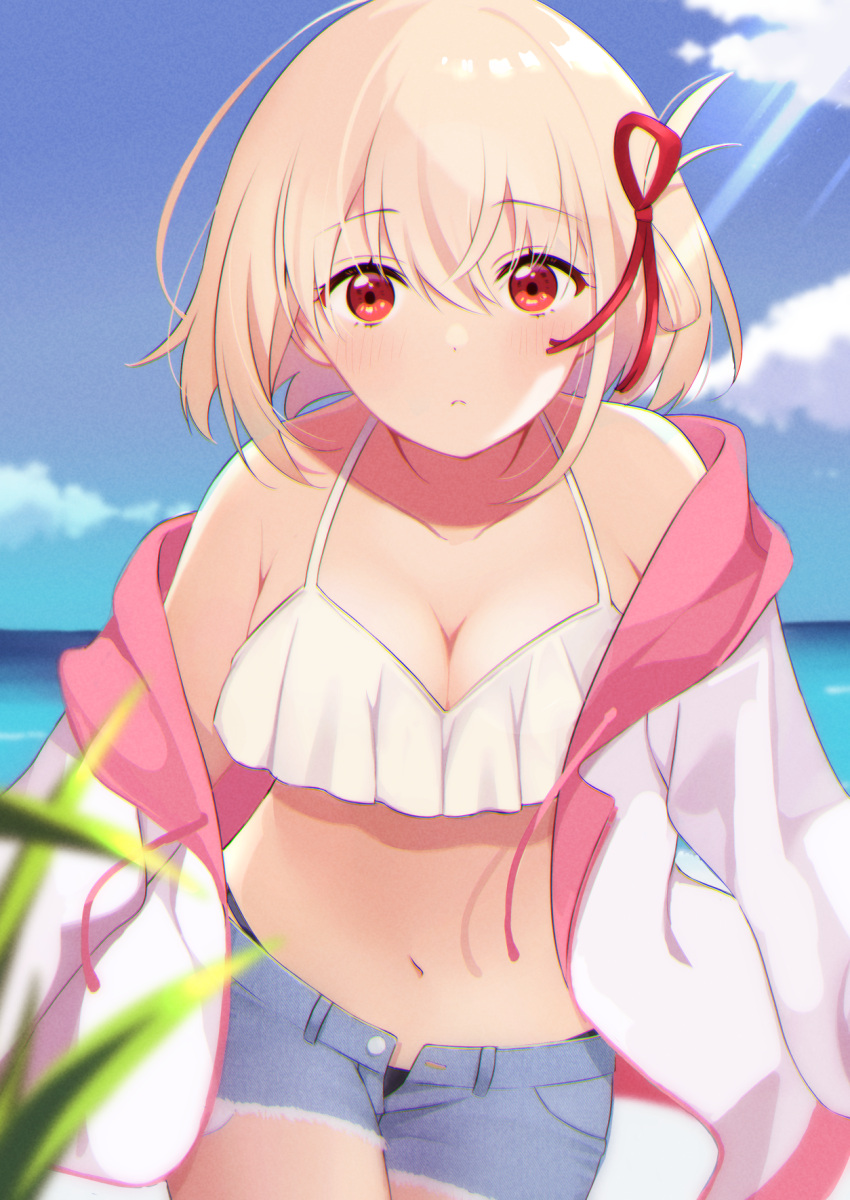 1girl bikini bikini_top_only bikini_under_clothes blue_sky blurry blush bob_cut breasts cleavage closed_mouth cloud day denim denim_shorts depth_of_field dot_nose drawstring hair_ribbon highres hood hooded_jacket jacket leaf light_blush looking_at_viewer lycoris_recoil medium_breasts midriff mismatched_bikini natsu12113 navel nishikigi_chisato ocean off_shoulder one_side_up open_fly outdoors pink_jacket red_ribbon ribbon short_hair short_shorts shorts sky solo stomach sunlight swimsuit two-sided_fabric two-sided_jacket white_jacket