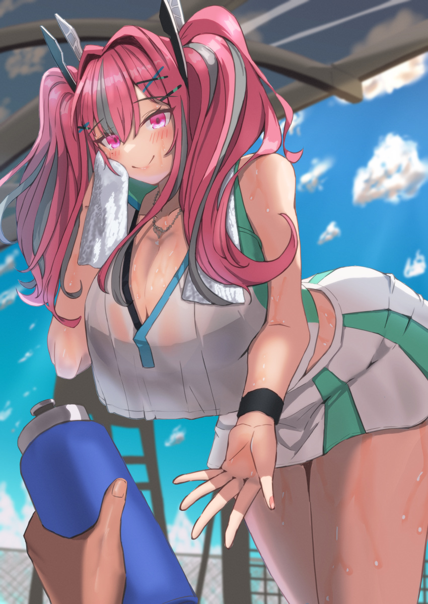 1girl absurdres azur_lane bangs bare_shoulders blue_sky blush bottle breasts bremerton_(azur_lane) bremerton_(scorching-hot_training)_(azur_lane) chain-link_fence cleavage closed_mouth cloud collarbone commentary cowboy_shot crop_top crop_top_overhang day drying drying_body fence green_skirt grey_hair hair_between_eyes hair_intakes hair_ornament hairclip hand_up heart heart_necklace highres holding holding_bottle holding_towel jewelry large_breasts long_hair looking_at_viewer midriff mole mole_under_eye multicolored_hair namazake necklace pink_eyes pink_hair pov pov_hands see-through see-through_shirt shirt sidelocks skirt sky sleeveless sleeveless_shirt smile solo_focus sportswear standing streaked_hair sweat sweatband tennis_uniform towel towel_around_neck twintails two-tone_hair two-tone_shirt two-tone_skirt water_bottle wet wet_clothes wet_shirt white_shirt white_skirt x_hair_ornament