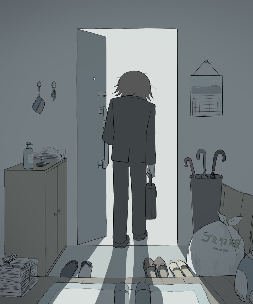 1boy absurdres avogado6 cabinet calendar_(object) commentary door door_handle formal from_behind highres male_focus newspaper newspaper_stack opening_door original shadow slippers solo suit suitcase trash_bag umbrella