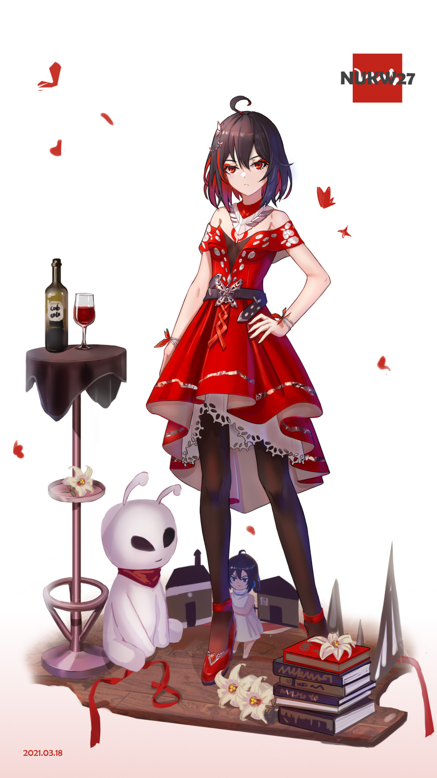 2021 2girls absurdres ahoge alcohol artist_name bangs bare_shoulders blue_eyes blue_hair book bottle brown_pantyhose child closed_mouth cup dress drinking_glass dual_persona flower full_body highres honkai_(series) honkai_impact_3rd medium_hair multiple_girls nukw27 off-shoulder_dress off_shoulder pantyhose red_dress red_eyes red_footwear red_hair seele_(alter_ego) seele_vollerei standing stuffed_toy table white_background white_flower wine wine_bottle wine_glass wooden_floor