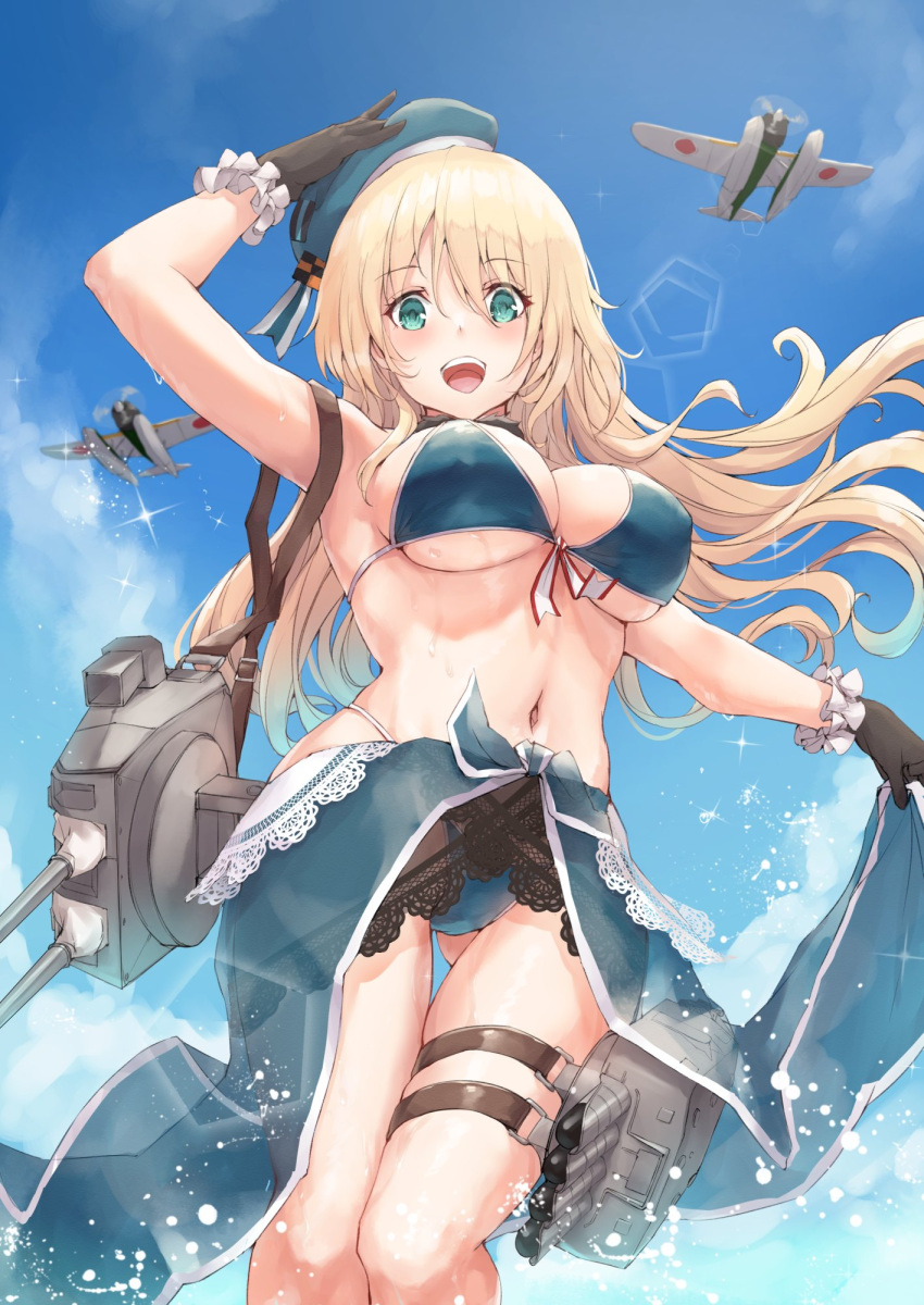 1girl adapted_costume arm_up armpits atago_(kancolle) beret bikini black_gloves blonde_hair blue_headwear breasts clothes_lift cowboy_shot front-tie_bikini front-tie_top gloves green_eyes hand_on_own_head hat highleg highleg_bikini highres k_jie kantai_collection large_breasts lifted_by_self long_hair rigging sarong sarong_lift seaplane see-through swimsuit thigh_strap torpedo_tubes water