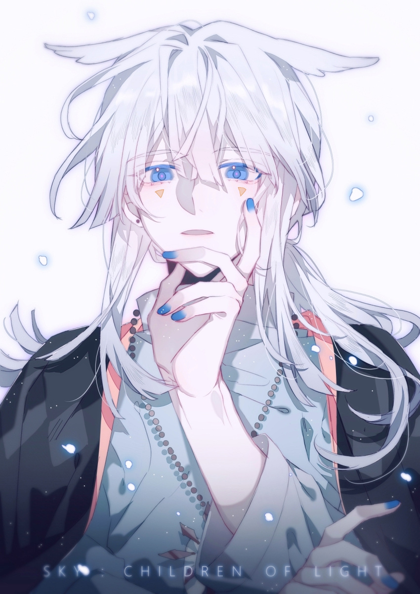 1boy bead_necklace beads bishounen blue_eyes blue_nails grey_hair highres jewelry looking_at_viewer male_focus mimizuku_(sky:_children_of_the_light) nanbanchenga necklace open_mouth pointy_hair ponytail sky:_children_of_the_light solo upper_body white_hair