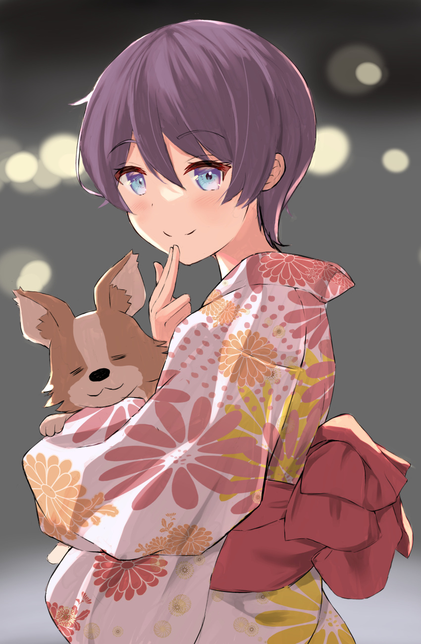 1girl :3 absurdres animal black_hair blue_eyes chihuahua chikuwa_(yurucamp) closed_eyes dog file112056 highres japanese_clothes kimono looking_at_viewer obi saitou_ena sash short_hair smile yukata yurucamp