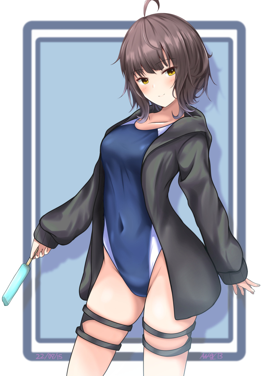 1girl abataa absurdres ahoge black_hair black_jacket blue_swimsuit blush closed_mouth competition_swimsuit cowboy_shot food groin highres holding holding_food jacket kantai_collection kishinami_(kancolle) long_sleeves one-piece_swimsuit open_clothes open_jacket popsicle short_hair smile solo swimsuit yellow_eyes