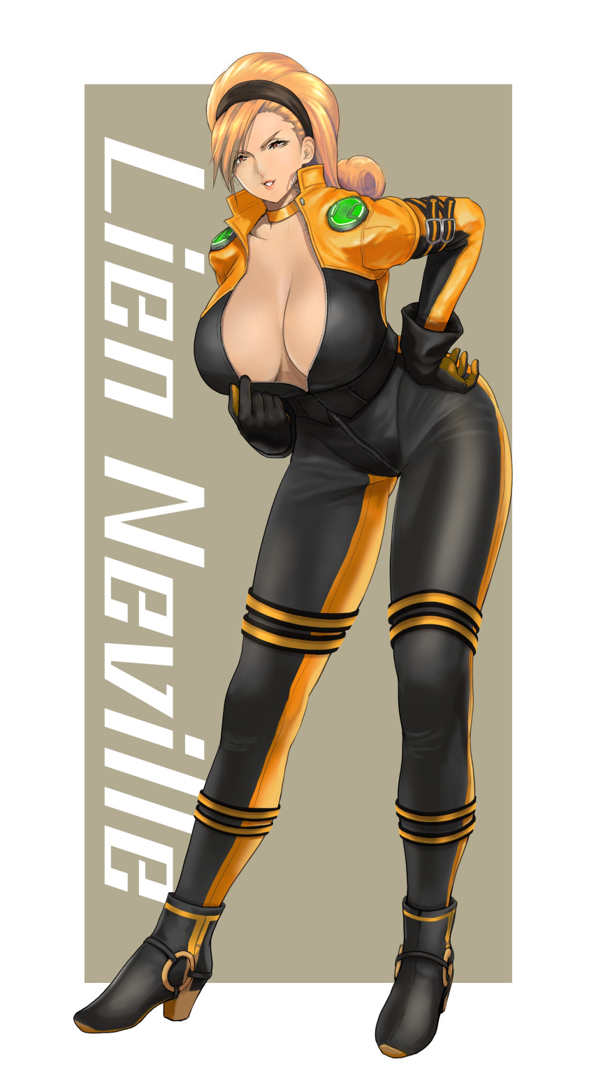1girl absurdres anagumasan black_bodysuit black_gloves black_hairband blonde_hair blush bodysuit breasts character_name choker cleavage curly_hair dark_skin full_body gloves hair_pulled_back hairband highres kof:_maximum_impact large_breasts lien_neville no_bra solo the_king_of_fighters two-tone_bodysuit two-tone_gloves unzipped yellow_bodysuit yellow_choker yellow_gloves
