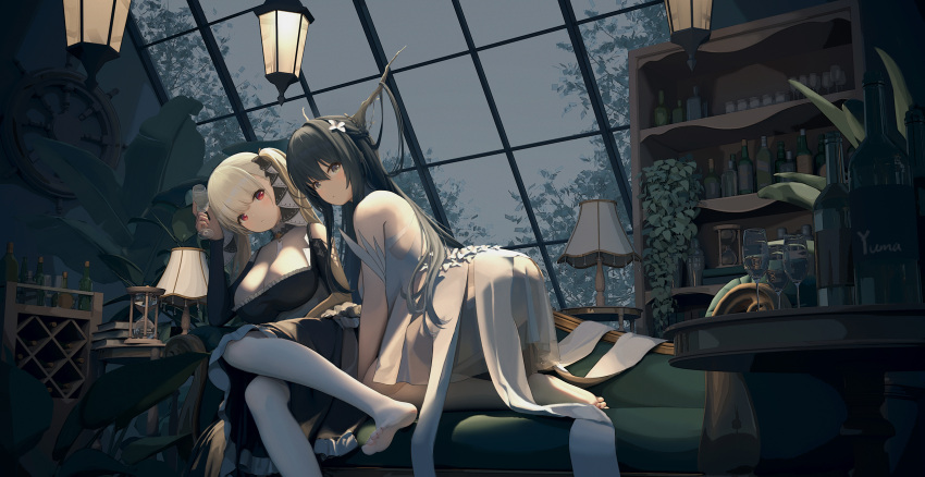 2girls all_fours azur_lane bare_shoulders between_breasts black_dress black_hair black_nails breasts cleavage clothing_cutout couch dark dress formidable_(azur_lane) frilled_dress frills green_eyes grey_hair highres indomitable_(azur_lane) indoors lampshade lantern large_breasts long_hair looking_at_viewer multiple_girls necktie necktie_between_breasts pantyhose red_eyes revision shelf shoulder_cutout twintails two-tone_dress two-tone_ribbon very_long_hair white_dress white_pantyhose yuma_(594986561)