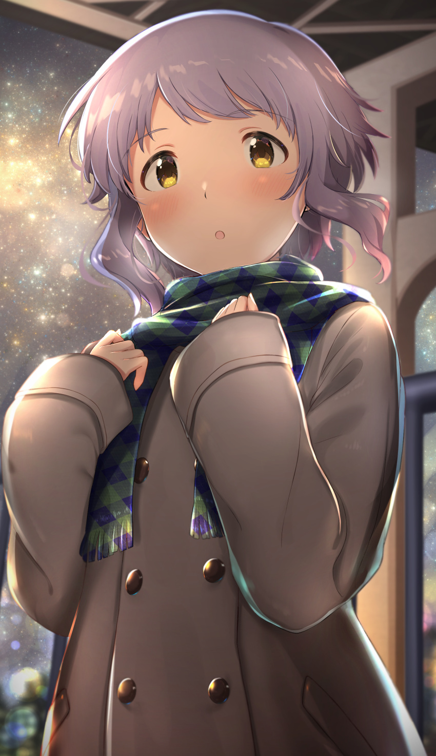 1girl absurdres bangs blush breath bridge brown_coat buttons checkered_clothes checkered_scarf coat commentary green_scarf hands_on_own_chest hands_up highres homco idolmaster idolmaster_million_live! long_sleeves looking_away makabe_mizuki night night_sky open_mouth pocket purple_hair scarf short_hair sidelocks sky solo star_(sky) starry_sky under_bridge upper_body wavy_hair yellow_eyes