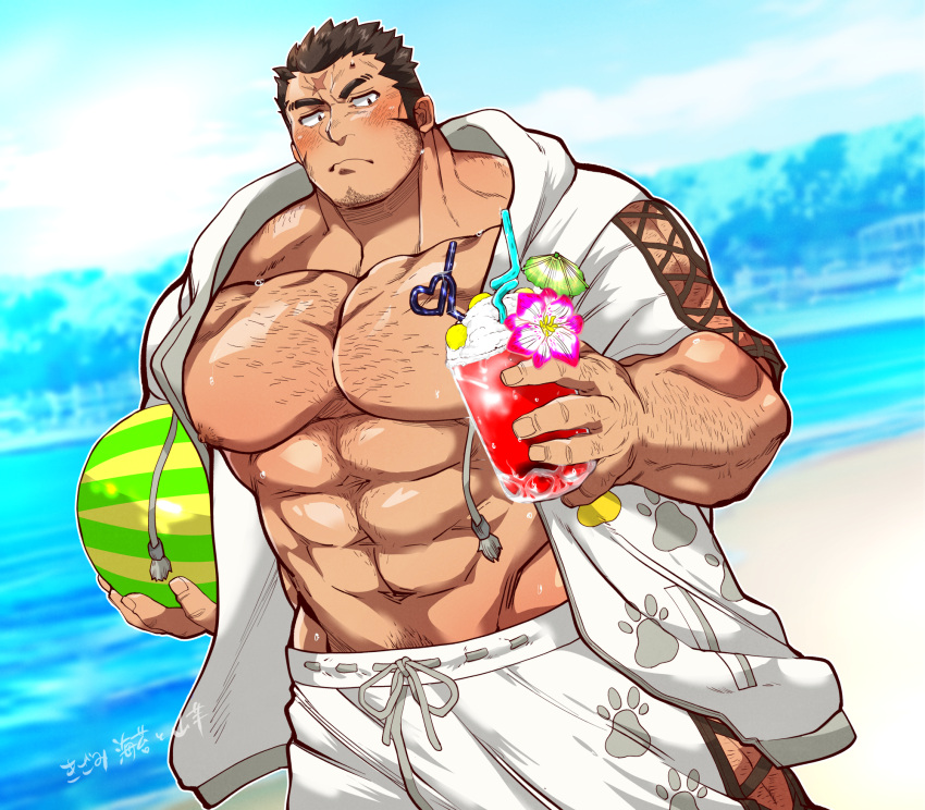 1boy abs ball bara beachball blue_sky blurry blurry_background blush brown_hair chest_hair crazy_straw cross-laced_clothes cross-laced_legwear cross-laced_sleeves cross_scar drink drinking_straw facial_hair heart_straw highres holding holding_ball holding_beachball holding_drink houzouin_oniwaka jacket kizami_nori_to_yamaimo large_pectorals long_sideburns male_focus mature_male muscular muscular_male navel nipples no_shirt official_alternate_costume open_clothes open_jacket paw_print pectorals pout scar scar_on_face scar_on_forehead short_hair sideburns sky solo stomach stubble sweatdrop thick_eyebrows tokyo_afterschool_summoners upper_body