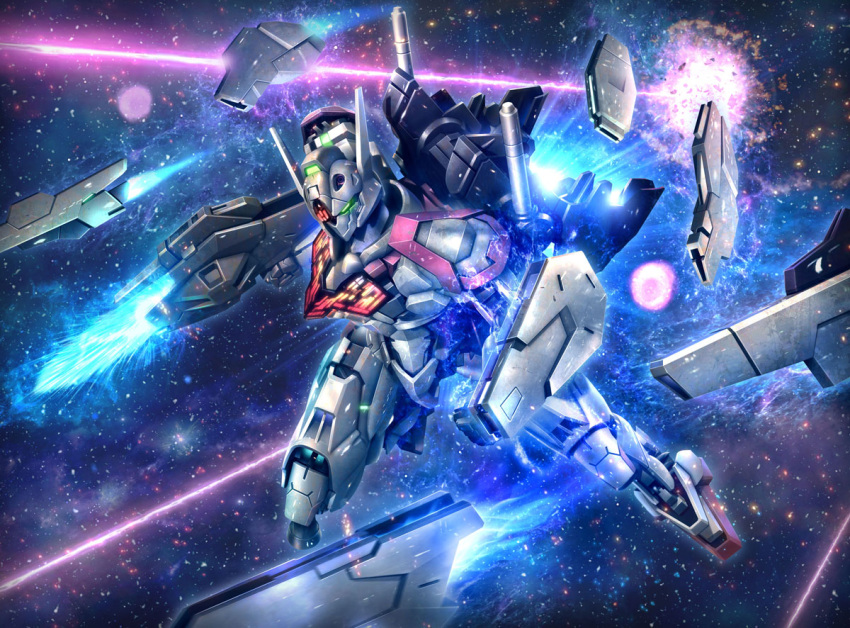 beam_rifle energy_gun explosion flying funnels_(gundam) glowing glowing_eye green_eyes gun gundam gundam_lfrith gundam_suisei_no_majo hiropon_(tasogare_no_puu) holding holding_gun holding_weapon mecha no_humans robot science_fiction solo space weapon