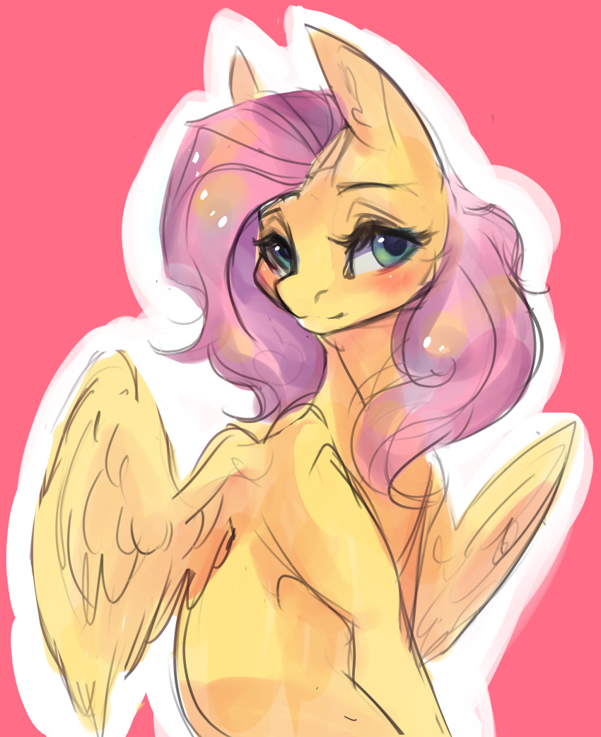 2019 absurd_res blush digital_media_(artwork) equid equine eyelashes feathered_wings feathers female feral fluttershy_(mlp) friendship_is_magic hair hasbro hi_res mammal minckies my_little_pony pegasus pink_hair sitting smile solo wings yellow_body yellow_feathers