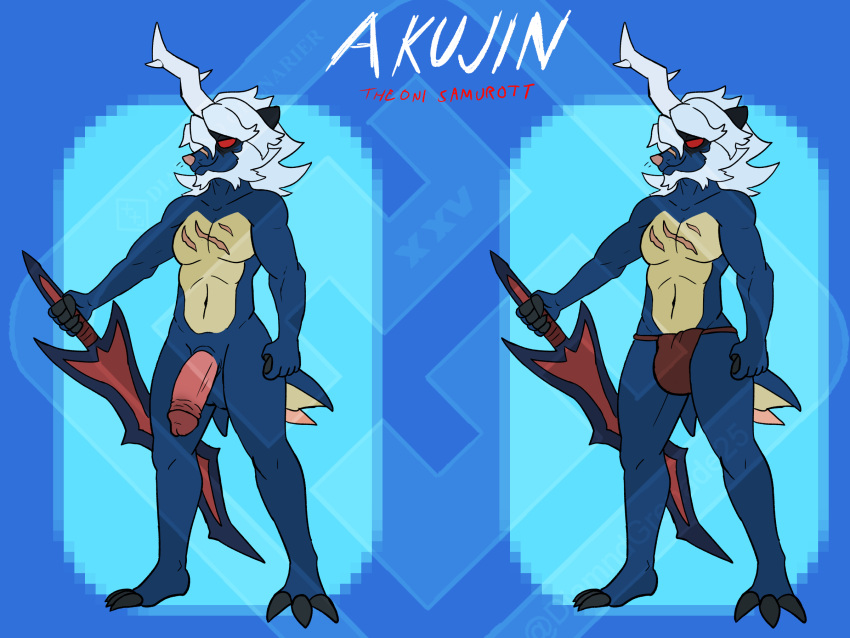 4:3 akujin_the_oni_samurott anthro asian_clothing blue_body clothing diamond_grenadier east_asian_clothing genitals hi_res hisuian_form hisuian_samurott horn japanese_clothing male melee_weapon nintendo nude penis pok&eacute;mon pok&eacute;mon_(species) pok&eacute;morph poking_out red_eyes regional_form_(pok&eacute;mon) scar shiny_pok&eacute;mon solo solo_focus sword video_games weapon