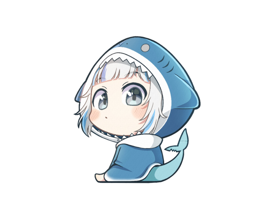 1girl animal_hood barefoot big_head blue_hair blue_hoodie chibi commentary_request fish_tail from_behind gawr_gura grey_eyes grey_hair hololive hololive_english hood hood_up hoodie looking_at_viewer looking_back moja_(mojya_777) multicolored_hair shark_hood shark_tail simple_background sitting solo streaked_hair tail virtual_youtuber white_background