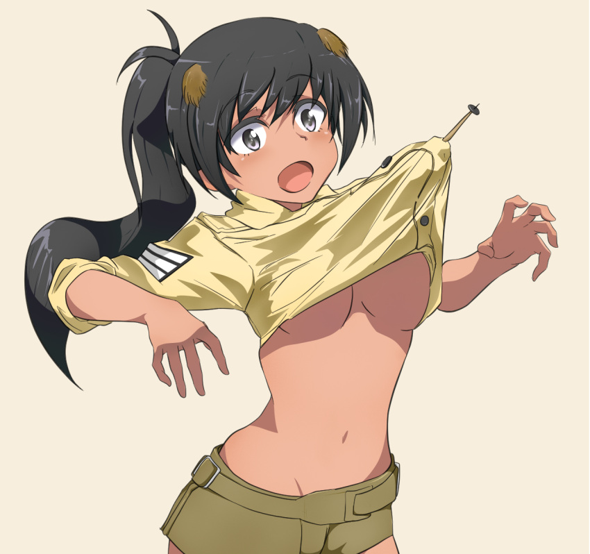 1girl black_hair blush breasts brown_eyes clothes_lift green_shorts highres large_breasts long_hair looking_at_viewer luminous_witches manaia_matawhaura_hato midriff navel no_bra noah_(0bp3292) open_mouth ponytail shiny shiny_hair shirt_lift shorts simple_background solo underboob wing_ears world_witches_series yellow_background
