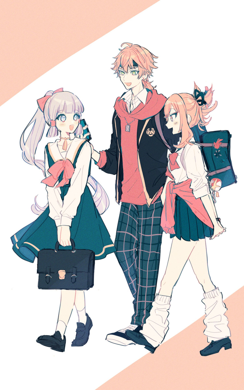 1boy 2girls :d bag blue_eyes blue_hair bow clothes_around_waist commentary_request contemporary dog_tags genshin_impact green_eyes hair_bow highres hood hoodie kamisato_ayaka long_hair loose_socks multiple_girls orange_eyes orange_hair pleated_skirt ponytail red_bow red_hoodie school_bag school_briefcase school_uniform skirt smile sweater sweater_around_waist tamaya_yoi thoma_(genshin_impact) yoimiya_(genshin_impact)