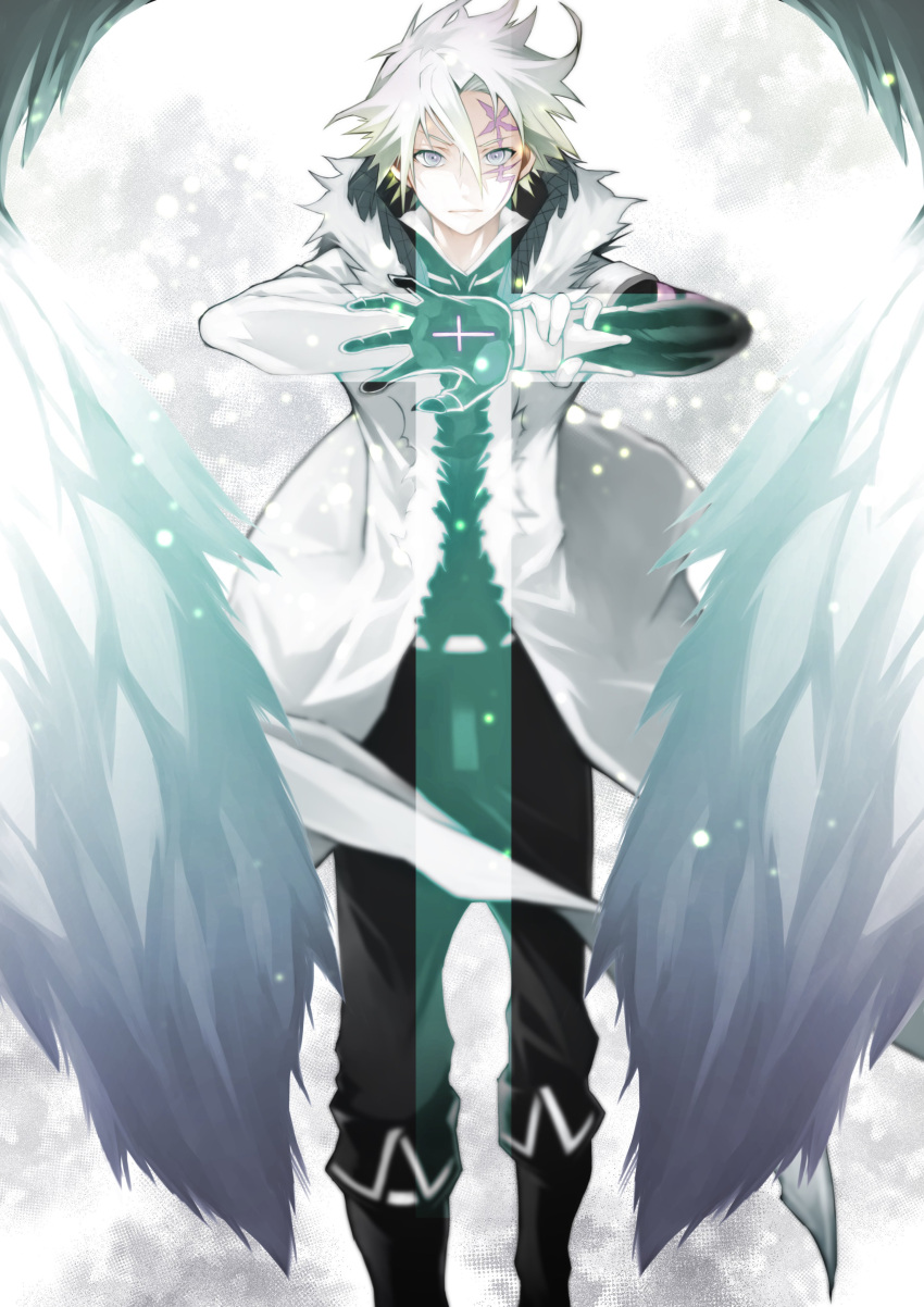 1boy absurdres black_footwear boots closed_mouth coat cross d.gray-man feathered_wings fur-trimmed_coat fur_trim gloves glowing grey_eyes hair_between_eyes highres holding_own_arm looking_at_viewer male_focus open_clothes open_coat scar scar_across_eye single_glove solo white_coat white_gloves white_hair wings yoshio_(55level)