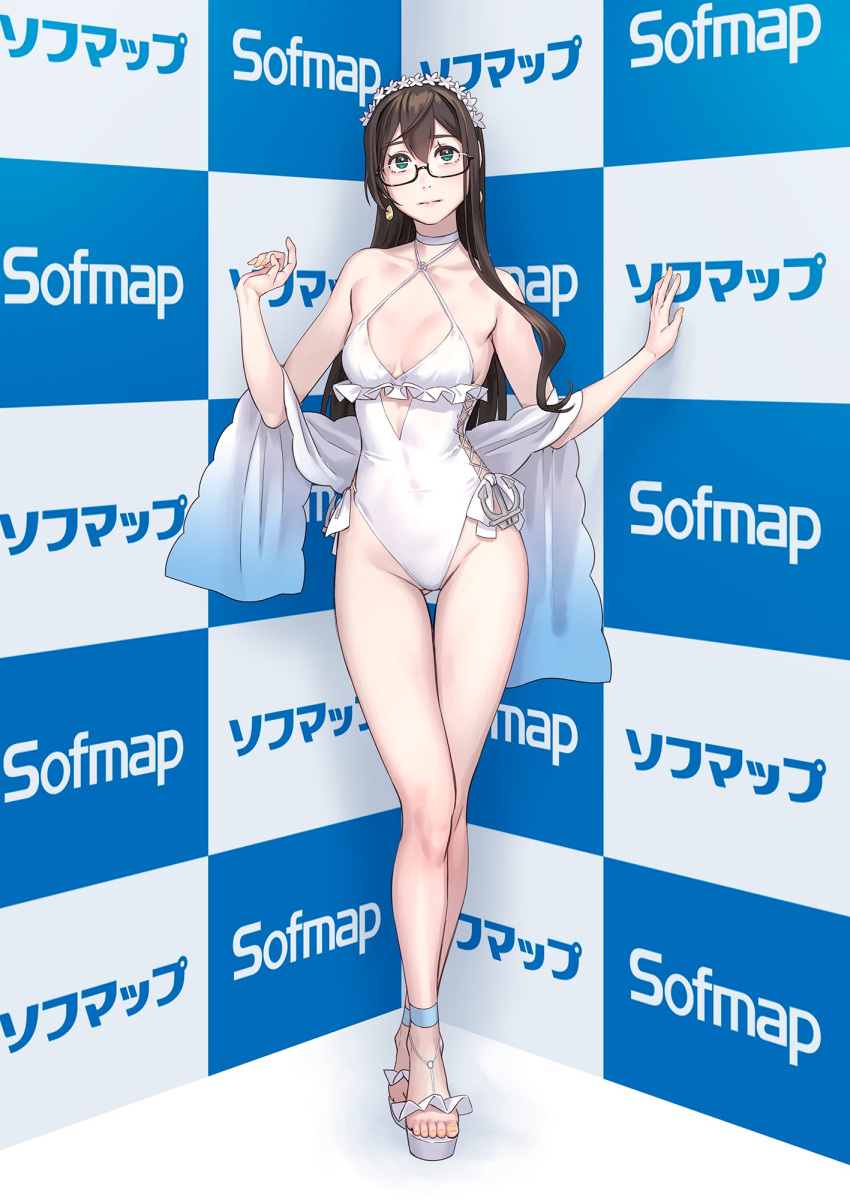 1girl black_hair breasts casual_one-piece_swimsuit checkered_background choker commentary_request commission cosplay criss-cross_halter flower frilled_swimsuit frills glasses green_eyes hair_flower hair_ornament hairband halterneck highleg highleg_swimsuit highres kantai_collection long_hair looking_at_viewer one-piece_swimsuit ooyodo_(kancolle) sagiri_(kancolle) sagiri_(kancolle)_(cosplay) semi-rimless_eyewear shawl side-tie_swimsuit small_breasts solo swimsuit toeless_footwear under-rim_eyewear white_choker white_shawl white_swimsuit yuuji_(and)