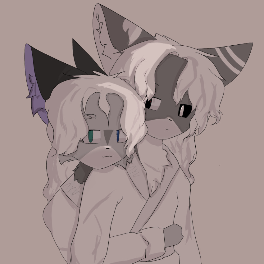 ayu_plumas bathrobe black_ears black_eyes blue_eyes clothing domestic_cat duo embrace felid feline felis fur girly green_eyes grey_body grey_fur hair hi_res hug male male/male mammal purple_body purple_fur robe white_body white_eyes white_fur white_hair