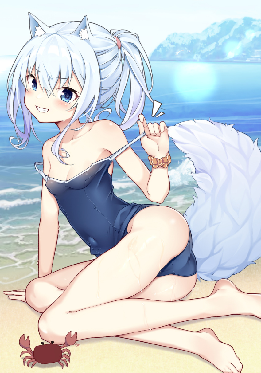 1girl absurdres ai_cao animal animal_ear_fluff animal_ears arm_support bangs bare_arms bare_legs bare_shoulders barefoot bird blue_eyes blue_sky blue_swimsuit blush breasts brown_scrunchie cleavage collarbone commentary_request crab day grey_hair grin hair_between_eyes highres horizon long_hair looking_at_viewer notice_lines ocean original outdoors ponytail pulled_by_self school_swimsuit scrunchie sky small_breasts smile solo strap_pull swimsuit tail water wrist_scrunchie