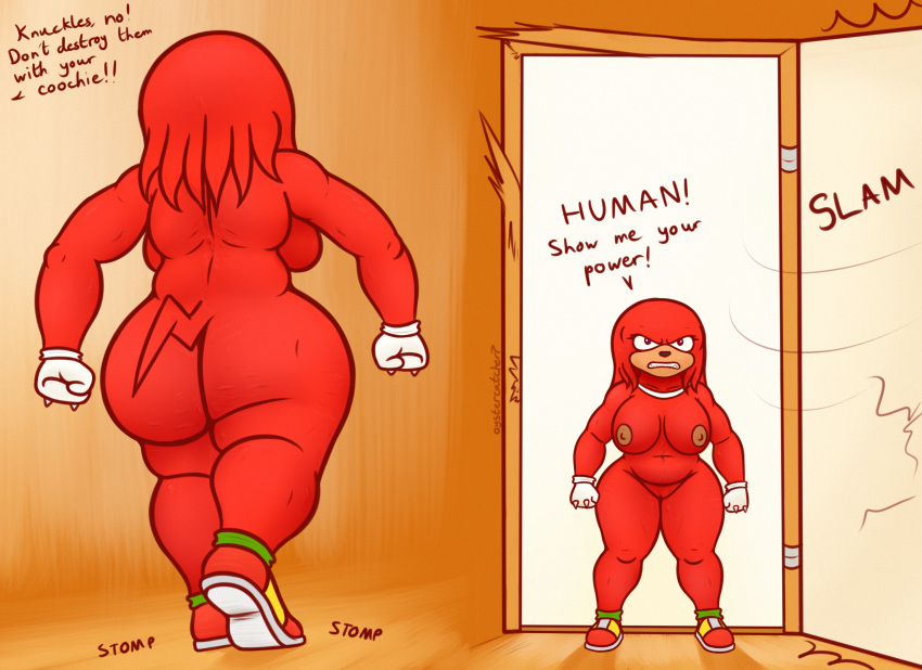 anthro big_butt breasts butt crossgender echidna female genitals hi_res imminent_sex knuckles_the_echidna mammal monotreme mtf_crossgender nipples opening_door oystercatcher7 pussy sega solo sonic_the_hedgehog_(series) thick_thighs wide_hips
