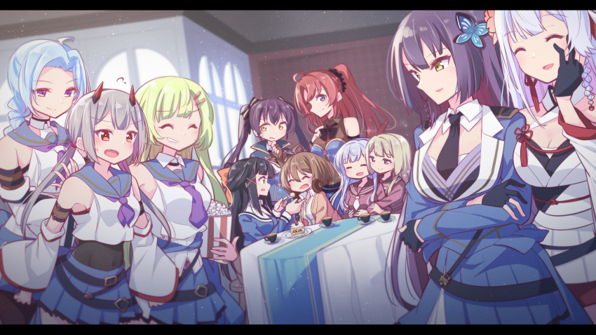 6+girls =_= ^_^ ahoge arm_belt arms_at_sides arms_under_breasts assault_lily bangs bare_shoulders belt belt_buckle black_belt black_bow black_bowtie black_gloves black_scrunchie blonde_hair blue_cloak blue_hair blue_jacket blue_sailor_collar blue_shirt blue_skirt blunt_bangs blurry blurry_background blurry_foreground blush bow bowtie braid braided_ponytail breasts brown_cardigan brown_gloves brown_pantyhose brown_sailor_collar brown_shirt buckle butterfly_hair_ornament cake cake_slice cardigan chair cleavage cloak closed_eyes closed_mouth collared_shirt covered_navel criss-cross_halter cropped_jacket crossed_arms cup depth_of_field detached_collar detached_sleeves dutch_angle epaulettes facing_another fang feeding fingerless_gloves flower flower_knot flying_sweatdrops food fork fujita_asagao funada_kiito funada_ui gloves green_hair grey_hair grin hair_between_eyes hair_bow hair_flower hair_ornament hair_ribbon hair_scrunchie hairclip half_gloves half_updo halterneck hand_on_another's_back hand_on_own_chin hands_up headphones headphones_around_neck heads_together high_ponytail highres hishida_haru holding holding_food holding_fork horns hug hug_from_behind igusa_subaru indoors jacket japanese_clothes juliet_sleeves kanba_girls_high_school_uniform kawabata_hotaru kawamura_yuzuriha kimono kimono_skirt kon_kanaho letterboxed light_particles long_hair long_sleeves looking_at_another looking_at_viewer low_ponytail low_twintails mechanical_horns medium_breasts miniskirt miyagawa_takane morugen multiple_belts multiple_girls neckerchief necktie obi obijime on_chair open_mouth orange_bow orange_eyes pantyhose parted_bangs parted_lips partially_fingerless_gloves pink_flower pink_shirt plate pleated_skirt ponytail popcorn puffy_sleeves purple_eyes purple_hair purple_neckerchief purple_necktie pushing red_hair red_horns red_ribbon ribbon sailor_collar sash saucer school_uniform scrunchie serafuku shirt short_kimono siblings side-by-side sidelocks sideways_glance single_braid sisters sitting skirt sleeveless sleeveless_shirt smile smirk sparkle strawberry_shortcake striped striped_bow sweatdrop table tassel tassel_hair_ornament tea teacup tsukioka_momiji twintails undershirt v-shaped_eyebrows very_long_hair white_kimono white_necktie white_ribbon white_shirt wide_sleeves window x_hair_ornament yellow_eyes yokoyama_azusa yuri